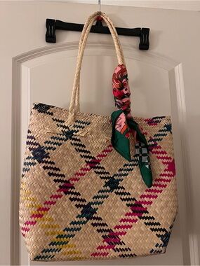 Woven Straw Tote Bag with Colorful Pattern(scarf not included) 15x12 inches